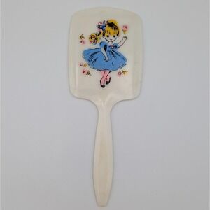 VTG Little Girl Blue Dress Pink Flowers Play Hand Mirror White Plastic MCM